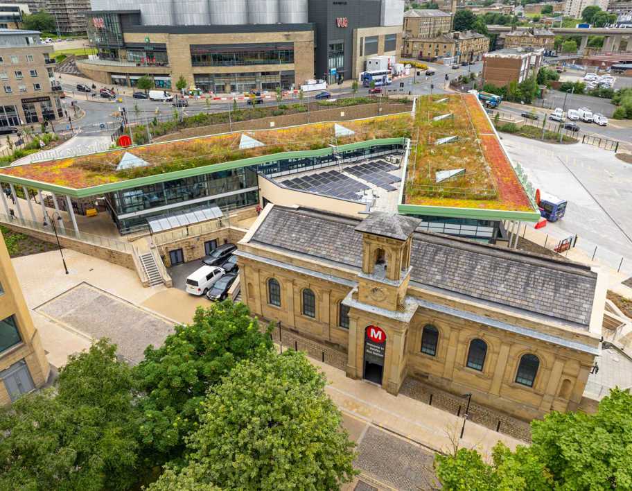 An aerial view of Halifax bus station showing the green roof