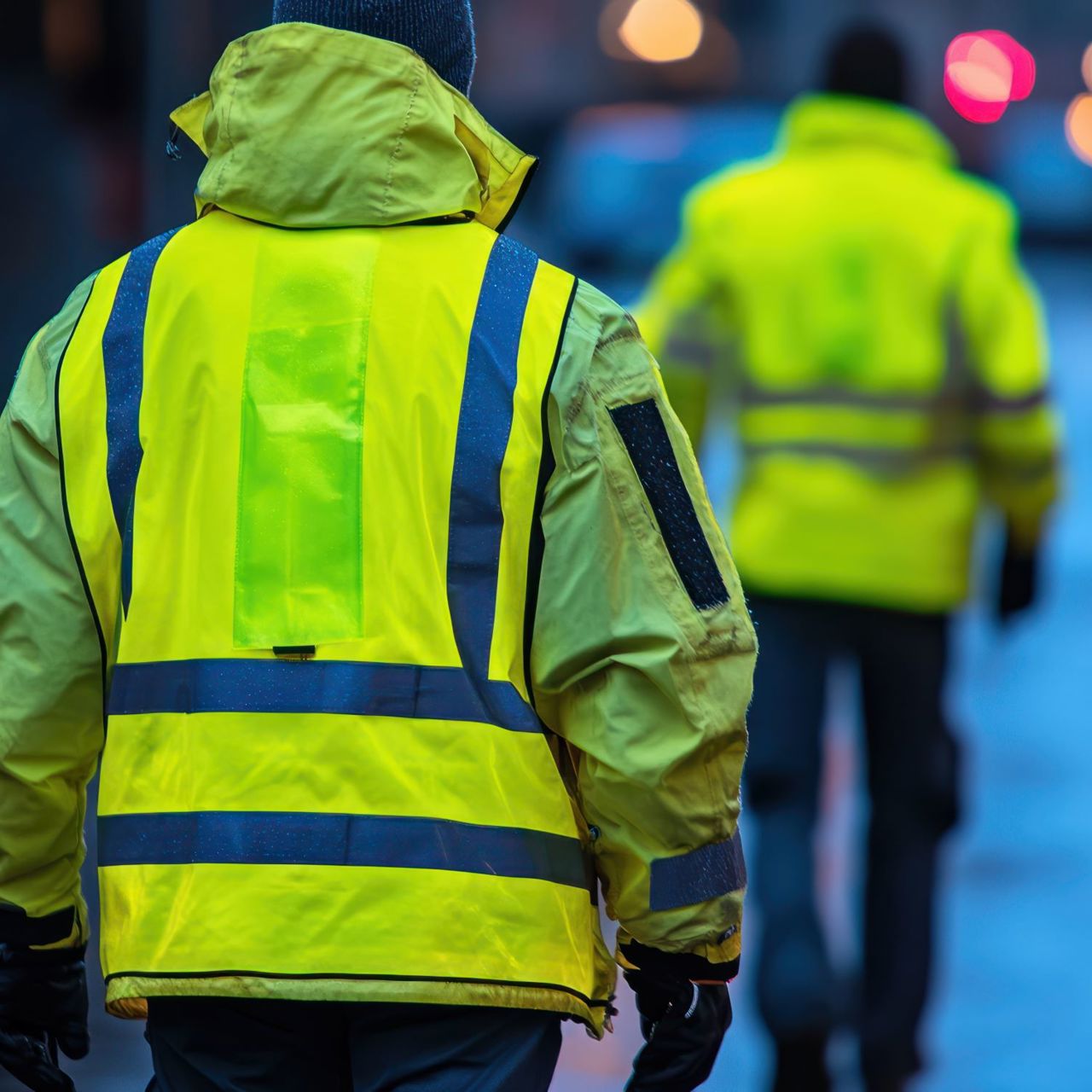 Two people wearing reflective jackets on a city street at night
