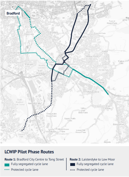 A map highlighting the two proposed cycle routes in south Bradford