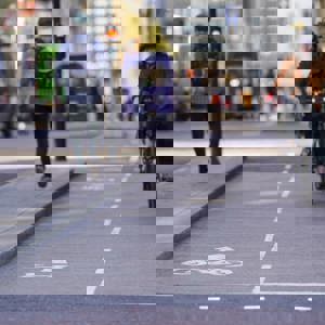 Cyclist using cycle path in Leeds