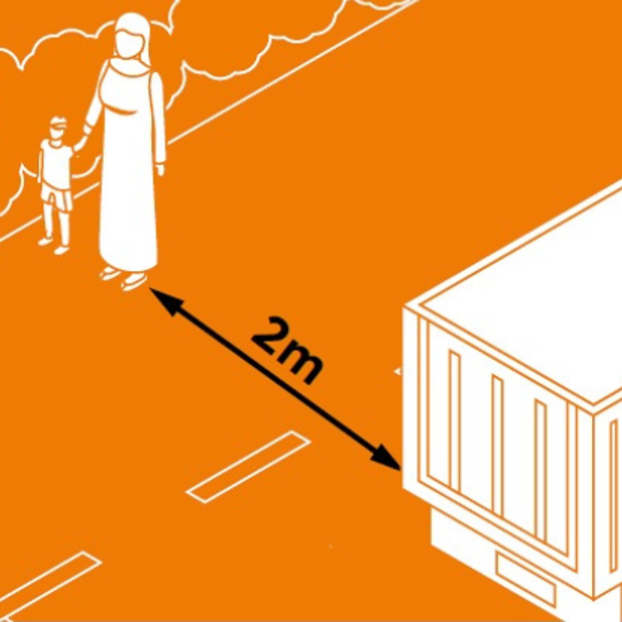 A graphic to show the safe passing distance of 2m between a car and a pedestrian