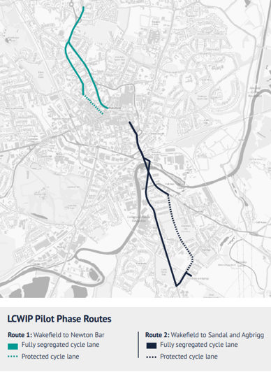 A map highlighting two proposed cycle routes in north and south Wakefield