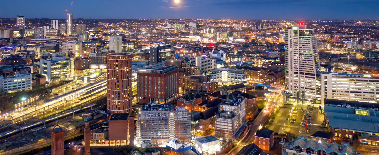 Aerial view of Leeds at night