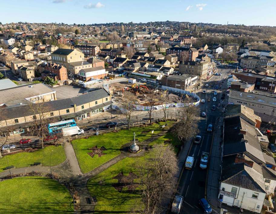 A drone image of the Heckmondwike bus station construction site