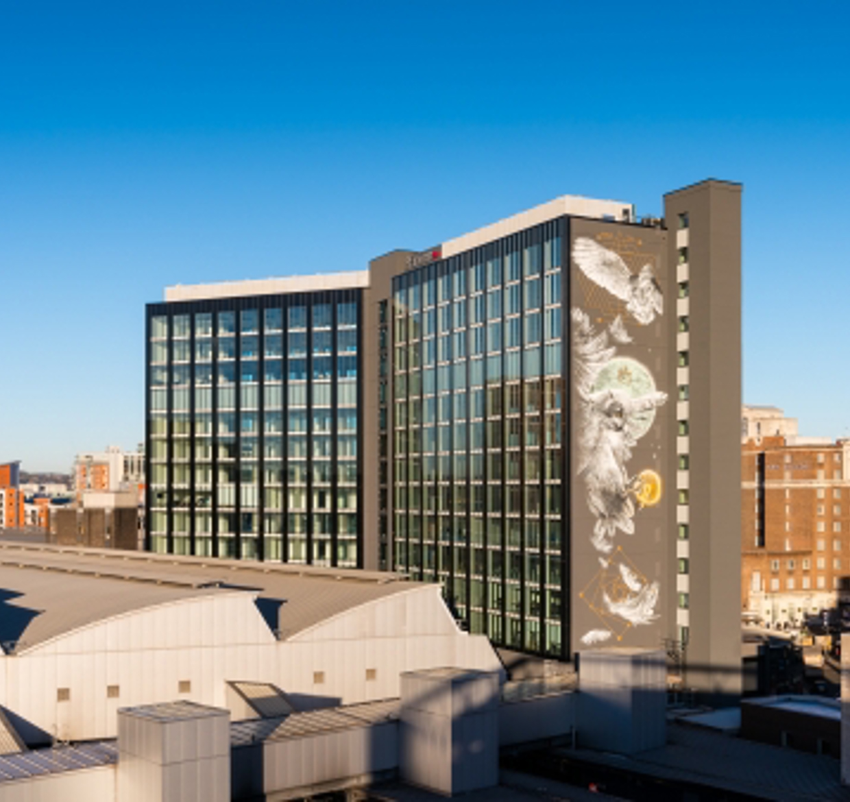 A high-rise building with art on the side